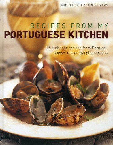 Cookbook with Portuguese recipes, colorful food images, and possibly a traditional kitchen scene.