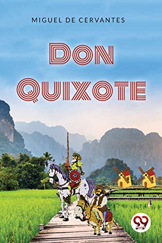 Book cover: Don Quixote with riders on horses and windmills.