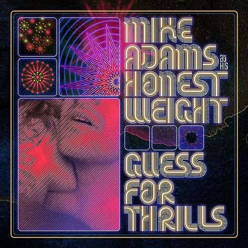 Vinyl album cover with neon-style typography and geometric patterns on a dark background.