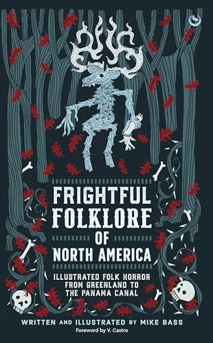 Book cover with a horned creature, forest background, and skulls, titled Frightful Folklore.