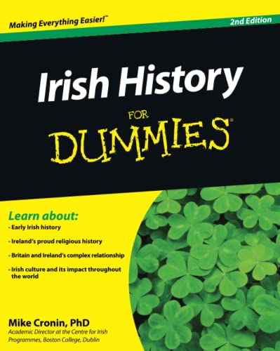 Book cover: "Irish History for Dummies 2E" with a four-leaf clover.