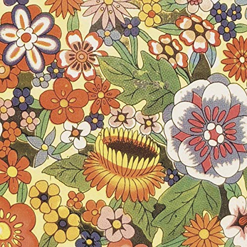 Close-up of a colorful, patterned floral design with orange and blue tones.