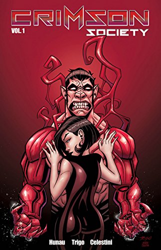 Comic book cover: muscular man embracing a woman, red background.