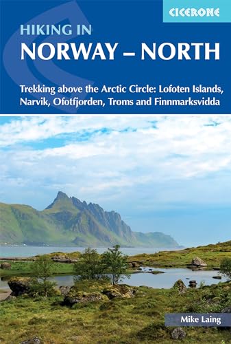 Book cover titled Hiking in Norway - North with a landscape of mountains and water.