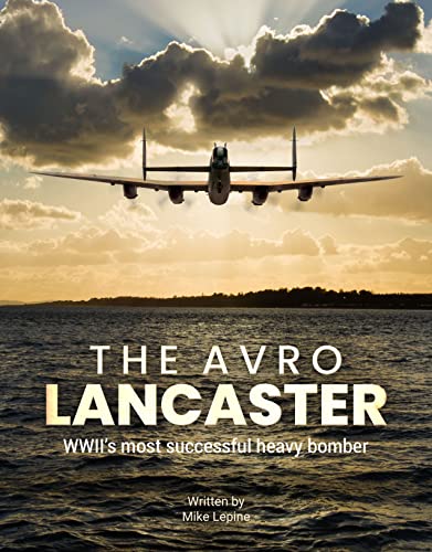 Avro Lancaster bomber flying against a cloudy sky and water.