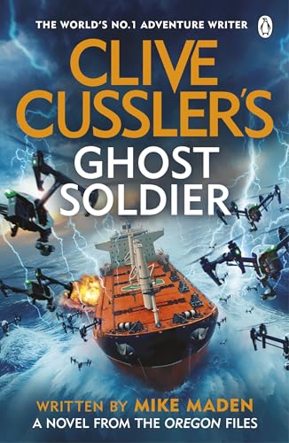 Book cover: ship, drones, and stormy seas with large orange text.
