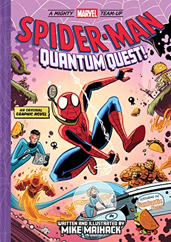 Spider-Man and the Fantastic Four on a comic book cover with a pink background.
