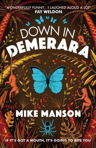 Book cover: “Down In Demerara” with monkeys, butterflies, and jungle foliage.