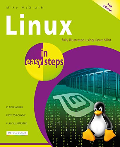 Book cover: "Linux in easy steps," 7th edition, with penguin illustration.