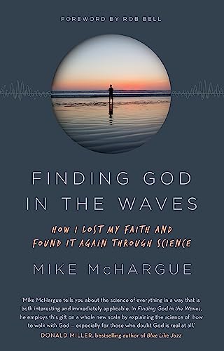 Book cover: lone figure on beach, circular ocean view, title "Finding God in the Waves".