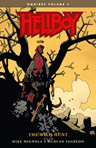 Hellboy stands under a bare tree wearing a crown in this comic book cover.