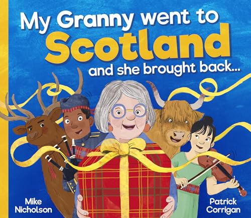 Book cover showing a grandmother holding a gift with a deer, cow, and violinist.