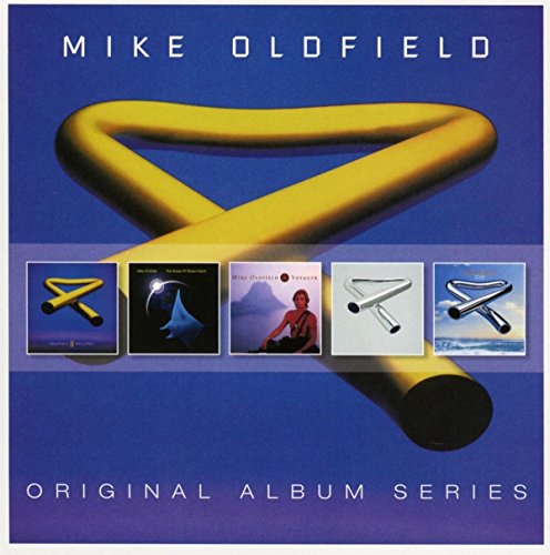 Blue CD box set with five Mike Oldfield album covers and a yellow tubular bell.