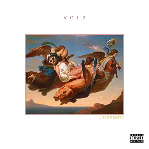 Classical painting of angels carrying a man wearing sunglasses against a sunset sky.