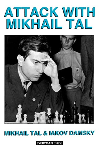 Chess book cover featuring Mikhail Tal in thought, with a chessboard.