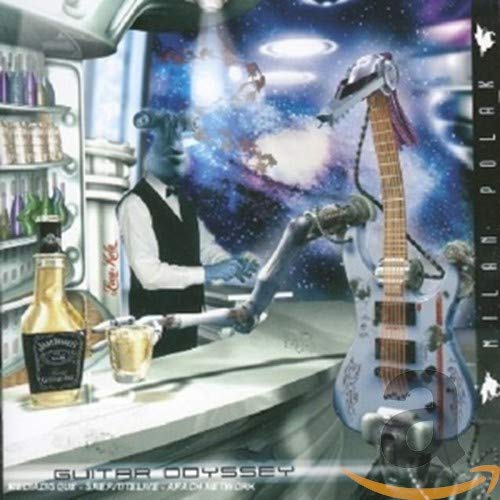 CD cover: robotic arm playing a guitar in a space bar.