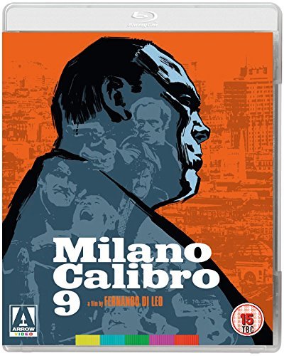 Blu-ray cover for Milano Calibro 9 featuring stylized blue character silhouettes on orange background.