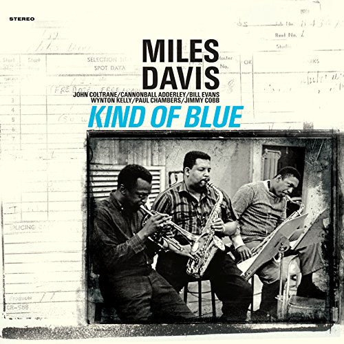 Miles Davis’ “Kind of Blue” album cover with musicians playing instruments.