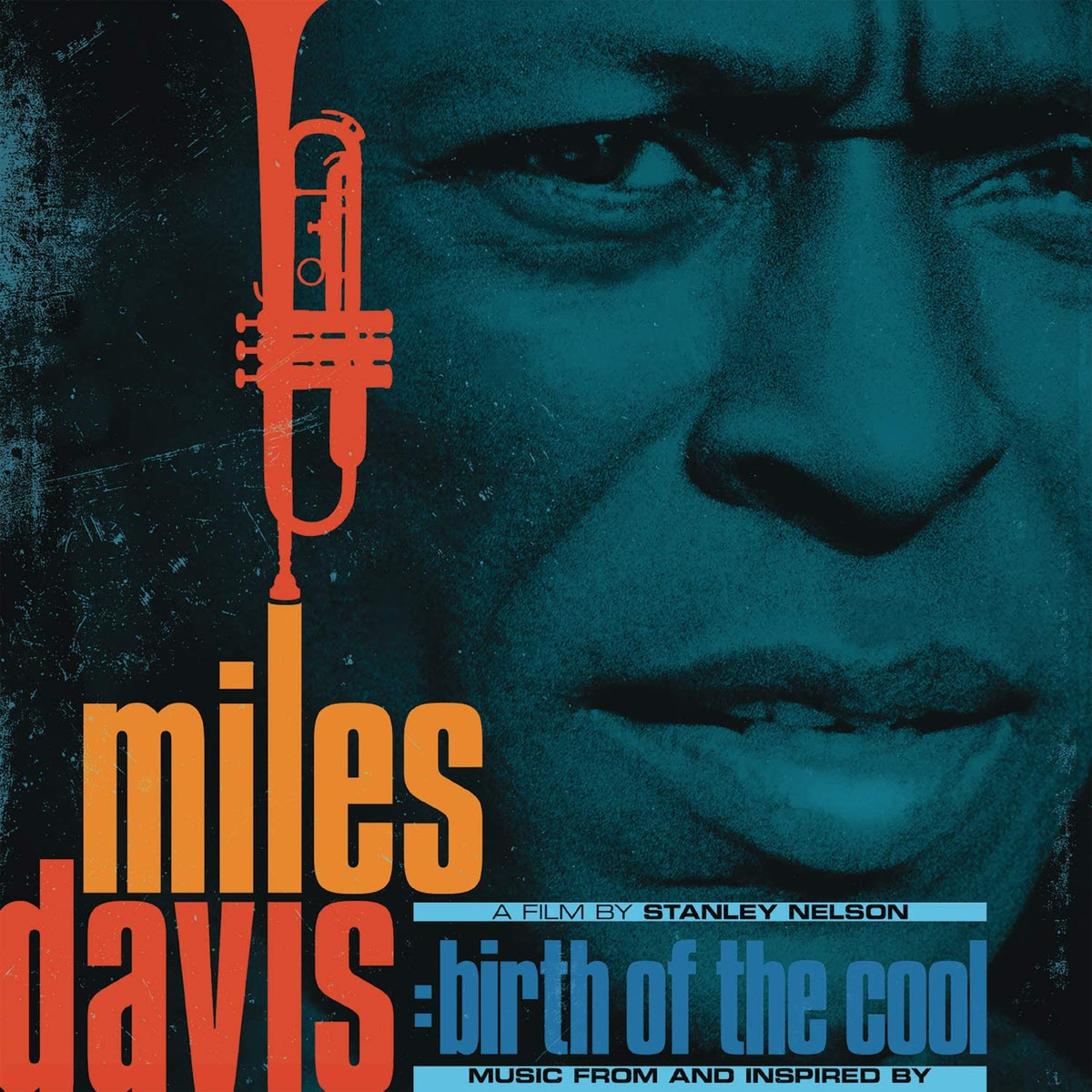Album cover with Miles Davis' face and trumpet graphic, featuring title and filmmaker's name.