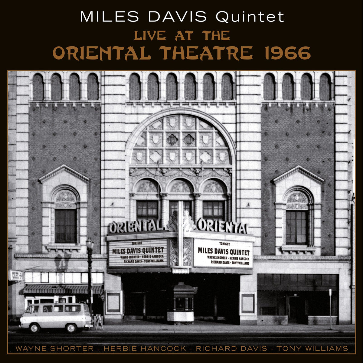 Black and white photo of a theater marquee advertising Miles Davis Quintet.