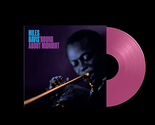 Miles Davis “Round About Midnight” album cover and purple vinyl record.