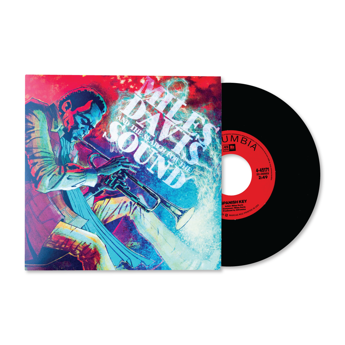 Miles Davis vinyl record with illustrated cover art showing him playing the trumpet.