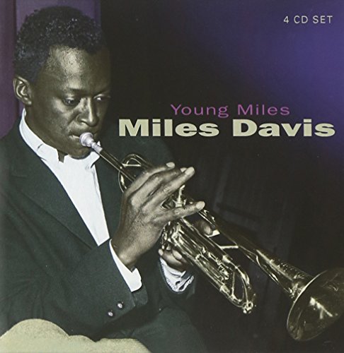 Young Miles Davis playing a brass trumpet, album cover art.