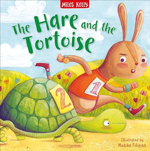 Book cover: Hare running past tortoise with race numbers one and two.