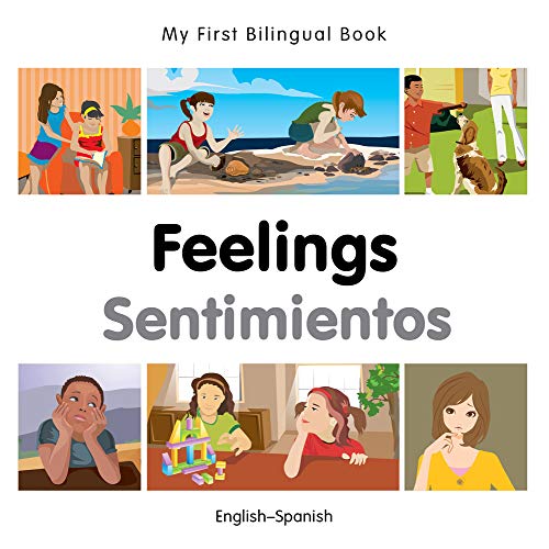 Bilingual children’s book cover depicting diverse people expressing various feelings.