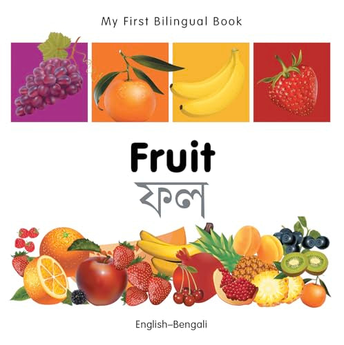 Bilingual children’s book cover featuring colorful illustrations of various fruits.
