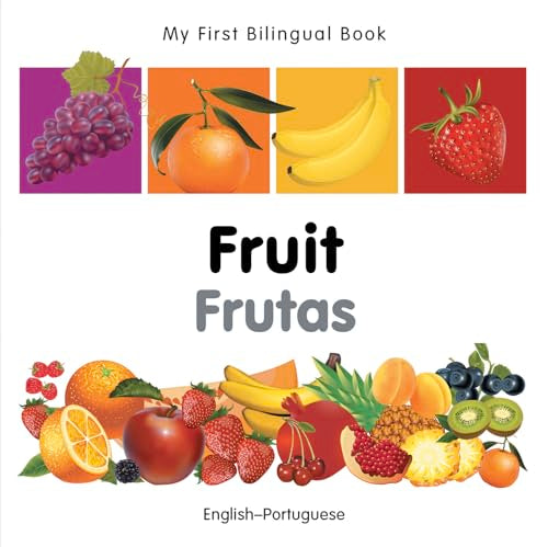 Book cover featuring colorful illustrations of various fruits, English & Portuguese.