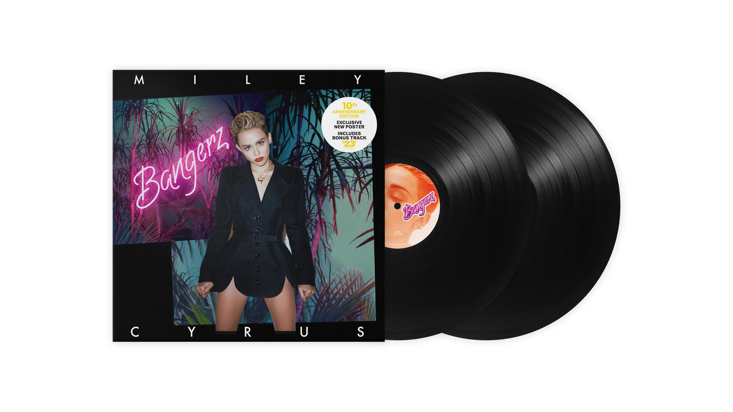 "Miley Cyrus vinyl record album cover with black vinyl records and neon palm trees."