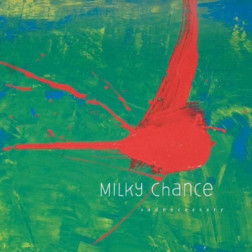 Red bird-shaped paint strokes on a textured green and blue background.
