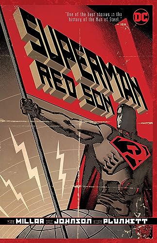 Superman holding a flag with a Soviet-style emblem on a red and black background.