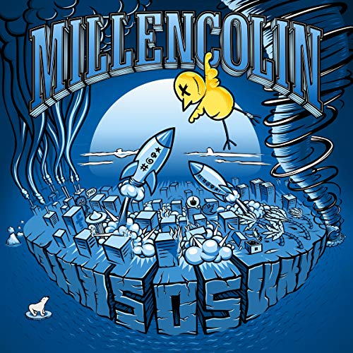 "Album cover art for Millencolin's 'SOS' featuring a cartoonish, apocalyptic scene with a yellow bird."
