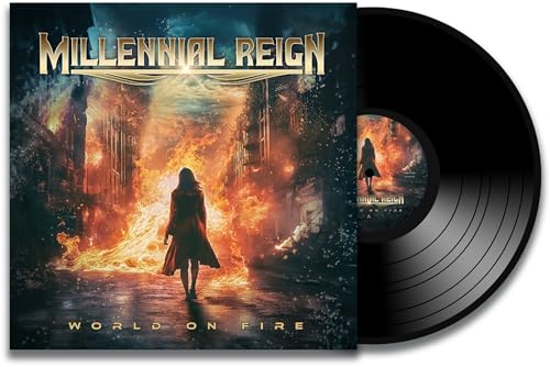 Millennial Reign 'World On Fire' vinyl record with fiery cityscape cover art.