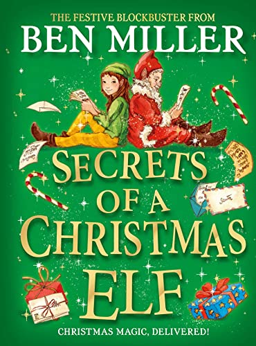 Book cover with two elves reading letters, festive decorations, green background.