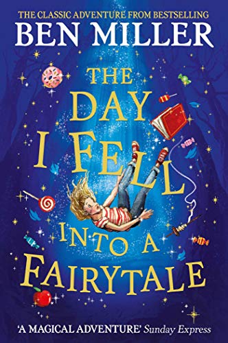 A girl falls through a magical blue forest surrounded by floating candy and books.