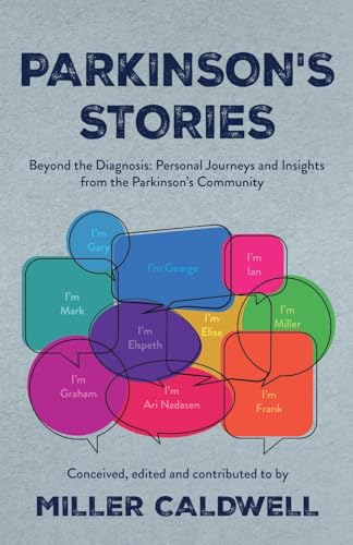 Book cover: "Parkinson's Stories" with overlapping speech bubbles and names.