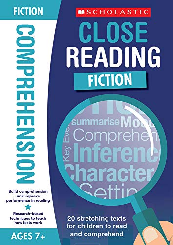 Book cover: “COMPREHENSION” and “CLOSE READING: FICTION” with a magnifying glass.