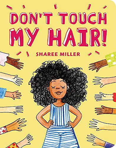 Book cover with a girl and large afro, surrounded by reaching hands.