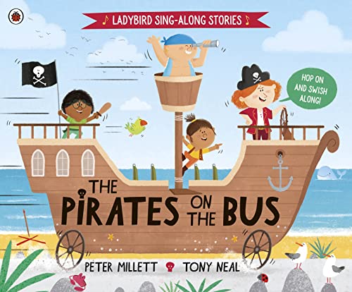 Children dressed as pirates on a ship-shaped bus at sea.