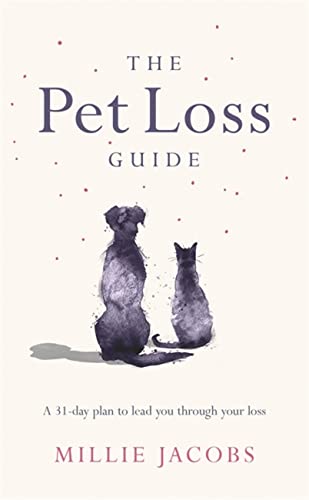 Book cover: "The Pet Loss Guide" with silhouettes of a dog and cat.