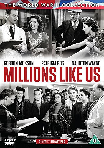 Black and white DVD cover of "Millions Like Us" with group of people in 1940s attire.