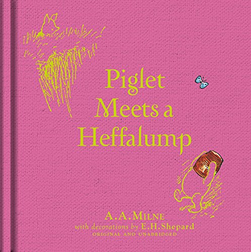 Pink book cover with sketched characters and title "Piglet Meets a Heffalump".