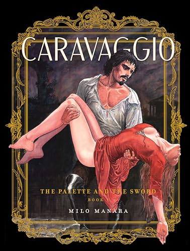 Book cover depicting a man carrying a wounded woman, ornate gold frame.