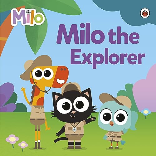 Cartoon giraffe, cat, and alien explorers with hats in a jungle.
