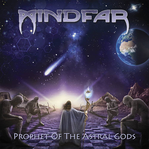 CD cover: figures worshipping a glowing figure under a comet and Earth.