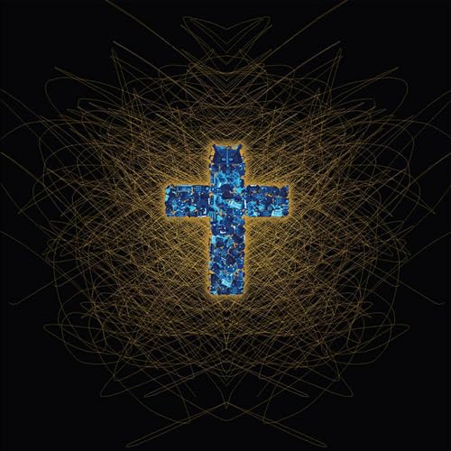 A blue cross made of electronic components centered over gold scribbles on black background.