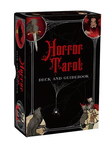Black box for "Horror Tarot" deck with gothic imagery and red accents.